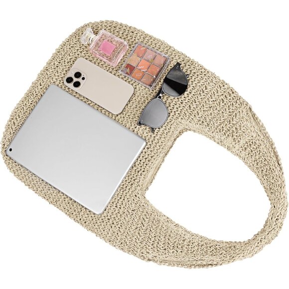 Women's Beige Large Straw Beach Bag Handmade Woven Shoulder Hobo Tote Handbag - Picture 4 of 6